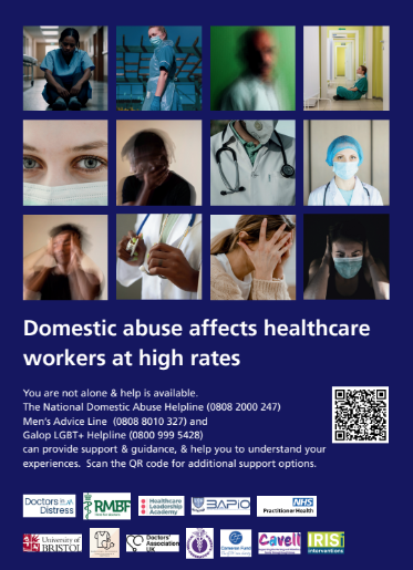 DVA support poster for healthcare workers with grid of photos of different healthcare workers and information on where to get support.